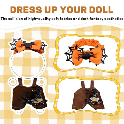 Halloween Pumpkin Doll Clothes Set Orange Spider Patchwork Leather Dress with Hat for 15-17cm 4 Inch Blind Box Dolls - Thumbnail 4