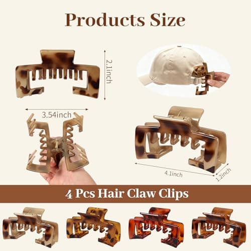 4 Pack Large Hair Clips for Women, 4.1 Inch Hat Claw Clips for Thick & Thin Hair, 2-in-1 Cute Hair Claw Clips Jaw Clips for Daily Use, Baseball Cap & Trucker Hat, Tortoise Shell (Patent Pending) - Thumbnail 3