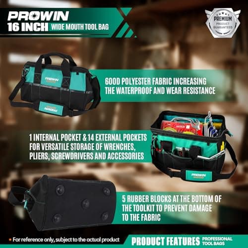 Prowin 16-inch Wide Mouth Tool Bag Multi-pocket Tool Organizer with Adjustable Shoulder Strap, Tool Tote Bag for Men - Thumbnail 4