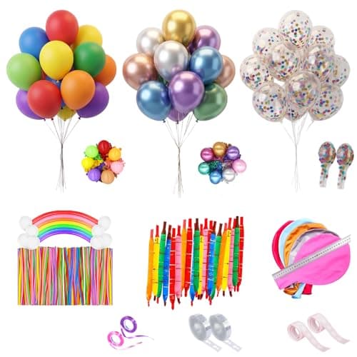 KAIQIZON 228 pcs Balloon Arch Kit with Glue Got Ribbon Stand Strip, Assorted Rainbow Latex Metallic Clear Confetti Long Animal Rocket Balloon for Birthday Graduation Party Wedding Decorations