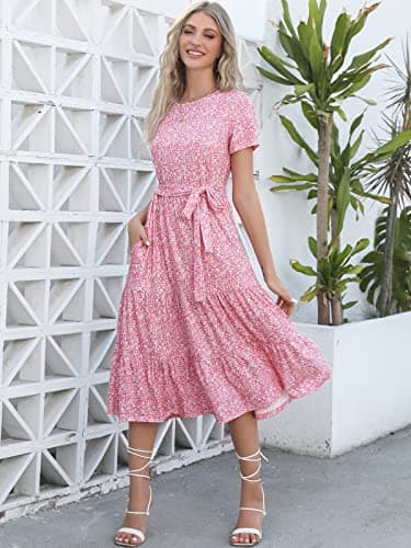 Lyrur Womens Short Sleeve Midi Dress with Pockets Pink Floral Crewneck Tiered Ruffle Casual Summer Sundress(S,9191-Pink Floral) - Thumbnail 4