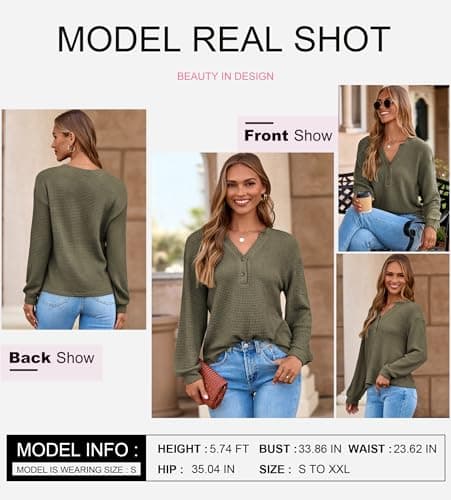 Dokotoo Business Outfits Spring Tops for Women 2026 Plus Size Spring Outfits Lightweight Long Lantern Sleeve Shirts V Neck Button Up Blouse Green Casual Fashion Spring Clothes Small - Thumbnail 5