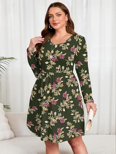 AusLook Women's Plus Size Long Sleeve Midi Dress Crewneck Casual Empire Waist Loose Flowy Dresses A-Line Boho Party 2025 Fall Winter Long Yellow Leaves Rose 1X Dress with Pockets - Thumbnail 3