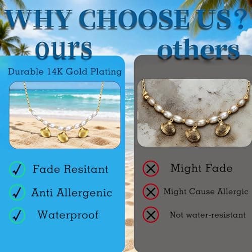 Seashell Necklace for Women: 3-Piece Boho Pendant with 10 Simulated Pearls, 14K Gold Plated on Stainless Steel Chain | Cute Beach Jewelry Gift for Summer (Gold) - Thumbnail 6