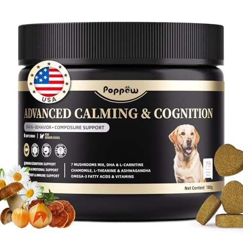 POPPAW Advanced Calming Chews for Dogs-Brain & Composure Support with 7 Mushrooms, Ashwagandha, Omega-3 DHA & EPA, Anxiety Relief Dog Calming Treat, All Breeds & Sizes, Chicken Flavor, 90Ct