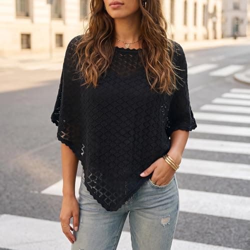 Ainangua Womens Summer Sweater Crochet Batwing Sleeve Scalloped Trim Poncho Tops Off Shoulder Hollow Out Shawl Wraps Coverup(Black,M) - Thumbnail 2