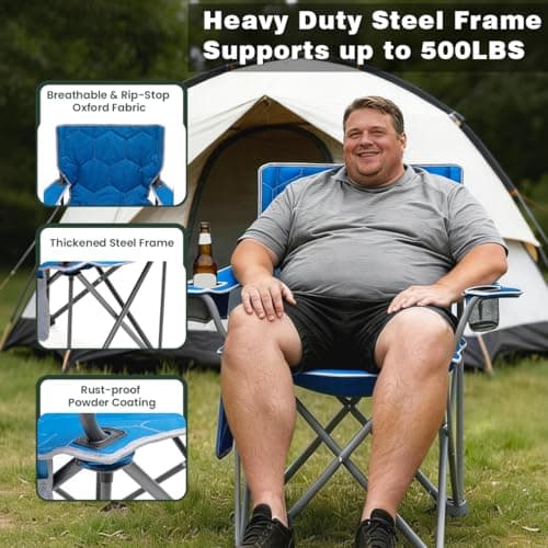 SUNNYFEEL Camping Chairs for Adults, Padded Oversized Camping Chair Heavy Duty 500LBS, Portable Lawn Chair with Cup Holder, Side Pocket&Bag for Outdoor Camping/Beach/Picnic/Fishing, Blue - Thumbnail 4