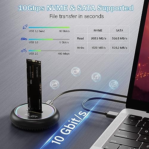 AMZPILOT M.2 NVMe & SATA to USB C Docking Station, M.2 SSD to USB A C Reader Adapter for Both M Key & B+M Key NVMe PCIE and SATA NGFF SSD Dock, Size for 22110 2280 2260 2242 2230 RGB Light Enclosure - Thumbnail 4