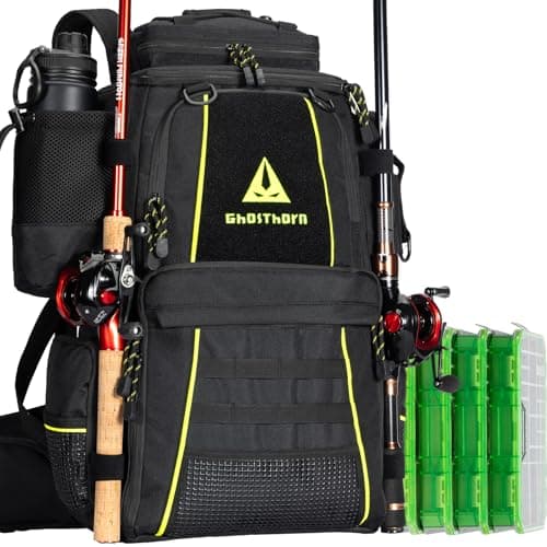 Ghosthorn Fishing Tackle Backpack with 4 3600 Tackle Boxes Rod Holder Outdoor 43L Large Bag with Detachable Wasit Bag Storage Fishing Gear and Equipment Waterproof