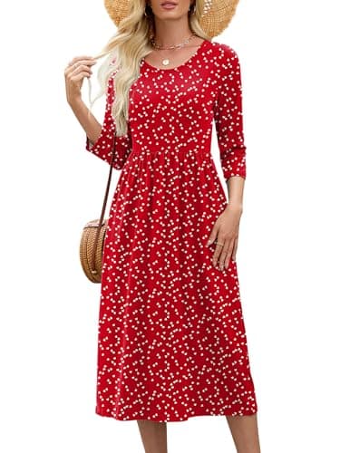 Heymoments Midi Dress for Women Floral XX-Large Crewneck 3/4 Sleeves Wedding Guest A line Casual Flowy Swing Party Vintage Spring Fall Winter Travel 2026 Long Dresses with Pocket - Image 1
