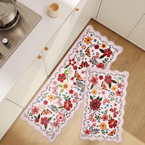 UKISS Kitchen Rugs, 2PCS Waterproof Kitchen Mats, Cushioned Anti Fatigue Kitchen Mat, Non-Slip Boho Comfort Mat for Kitchen, Floor Home, Sink, Laundry,17.3"x28"+17.3"x47", White &Pink (Pink) - Image 1