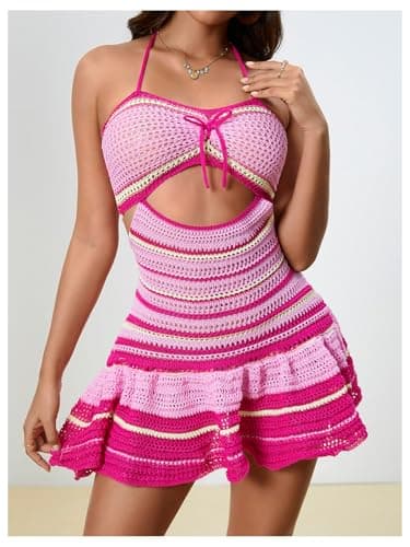 MakeMeChic Women's Summer Crochet Dresses Casual Striped Halter Cut Out Tie Backless A Line Ruffle Mini Dress Pink and White X-Small - Thumbnail 4