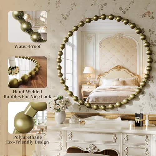 WISSMIELS Round Vintage Vanity Mirror, 24 Inch Beaded Frame Circle Wall Mirror for Bathroom, Bedroom Dresser, Entryway, Living Room, Decorative Hanging Wall Mirror, Bronze - Thumbnail 4