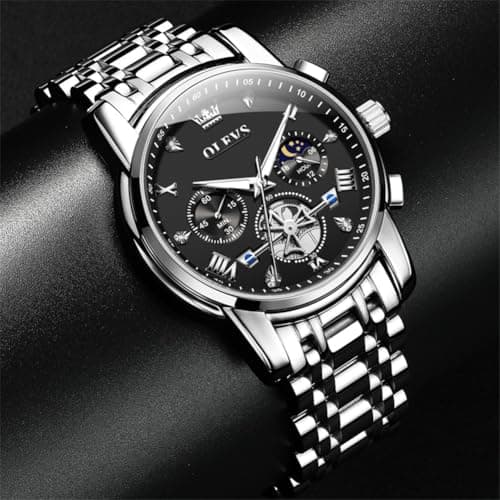 OLEVS Watch Men Luxury Dress Black Big Face Silver Stainless Steel Wrist Analog Quartz Watches for Men Waterproof Chronograph Luminous Moon Phase Cheap Mens Watches Relojes para Hombres - Thumbnail 4