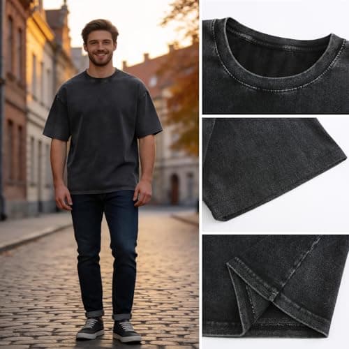BLECIDENS Oversize Cotton T Shirts for Women Unisex Mens Acid Washed T Shirt 100% Cotton (US, Alpha, Medium, Regular, Regular, Coffee) - Thumbnail 6