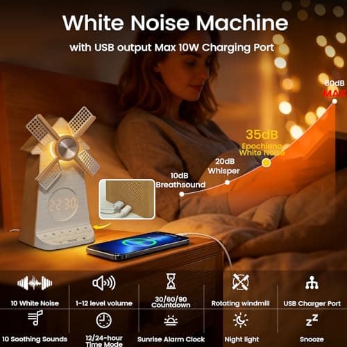 Sunrise Alarm Clock with Rotating Windmill, Easy Snooze Wake Up Light, 10 Natural Sounds & 10 White Noises, 4-Level Dimmer Bedside Night Light with 30/60/90 Min Timers, Sleep Aid Gift for Adults/Kids - Thumbnail 6