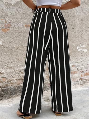 Acelitt Women Casual Striped Loose Wide Leg Pants Drawstring Elastic High Waisted 2026 Fall Fashion Relaxed Fit Beach Pants Trousers Black2 Large - Thumbnail 3