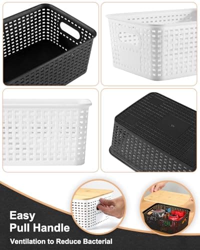 EOENVIVS Plastic Storage Baskets with Bamboo Lids for Pantry Organization and Storage Containers Bins for Shelves Drawers Desktop Closet Playroom Classroom Office Home, 6 Pack,White - Thumbnail 4