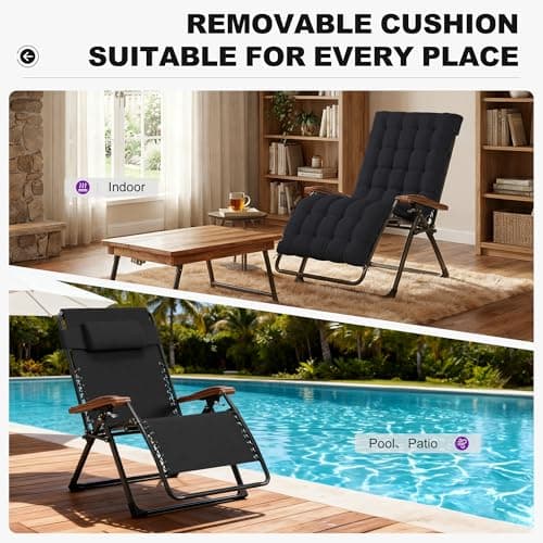 PURPLE LEAF Extra Wide Outdoor Reclining Chair Patio Zero Gravity Chaise Lounge Folding Chair with Removable Cushion Adjustable Headrest for Lawn Camping Beach Pool Black - Thumbnail 6