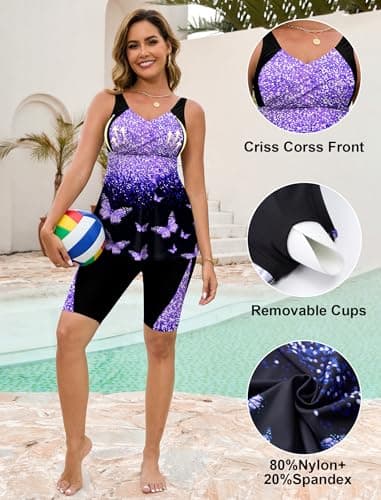 Arolina Plus Size Swimsuit for Women Tummy Control 2 Piece Bathing Suits Tankini Sets with Shorts Purple Butterfly (16W) - Thumbnail 4