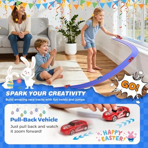 DKOXT 15 Ft Flexible Race Track for Kids, DIY Car Track Set with 2 Toy Cars & 3 Suction Cup Ramps, Easter Basket Stuffers for Teens & Boys Girls, Creative Easter Gifts for Kids, Blue - Thumbnail 4