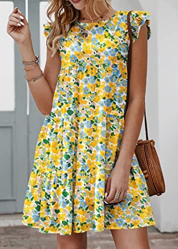 KIRUNDO Women's Casual Summer Dresses 2026 Ruffle Sleeveless Boho Floral Mini Beach Party Hawaiian Round Neck Loose Short Flowy Pleated Babydoll Dress, Floral3-white Yellow, Medium - Thumbnail 2