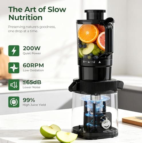 Cold Press Slow Juicer Machine, Compact Slow Masticating Juicer for Vegetables & Fruits, 4.4" Wide Feed Chute, Easy to Clean Stainless Steel Juice Press, Dishwasher Safe, High Juice Yield - Thumbnail 3