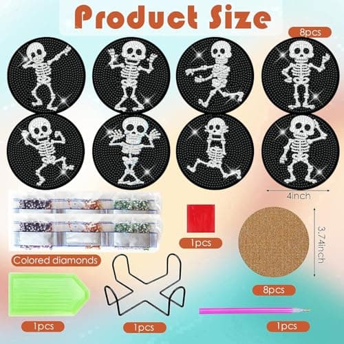ijbnhd 8 PCS Skull Diamond Art Coasters Diamond Painting Coasters Kits with Holder Skeleton for Beginners Adults Crafts Supplies 4X4inch (Cork Wooden Pad) - Thumbnail 3