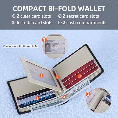 VISOUL Mens Carbon Fiber Leather Bifold Wallet with 2 ID Windows, RFID Blocking Wallet with 2 Money Compartments, Stylish Two-tone Back Pocket Wallet for Men (Black+Light Gray) - Thumbnail 3
