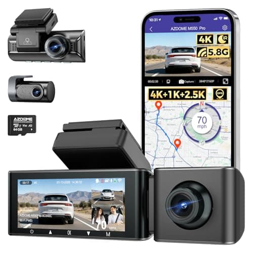 AZDOME 3 Channel Dash Cam Front and Rear Inside, 4K+1080P+2.5K ADAS Dash Cam, 3.19'' IPS Car Camera, 5.8G WiFi GPS Dash Cam for Cars, Voice Control, Night Vision, 24/7 Parking Mode, 64GB Card M550 Pro - Image 1