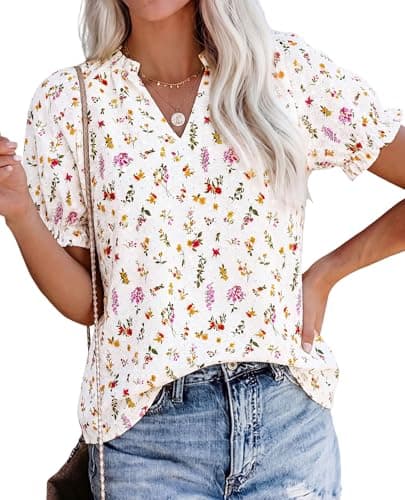 PRETTYGARDEN Summer Short Sleeve V Neck Shirts for Women 2026 Trendy Floral Print Loose Ruffle Tops Business Casual Blouses (Floral White,Large) - Image 1