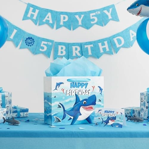 Birthday Gift Bags for Boys Girls - Blue Shark Birthday Gift Bag Ocean Gifts Bag Set for Boy Girl Big Brother Sister Durable Cartoon Shark Greeting Card Envelope 3 Tissues Paper Gift Wrapping 12 Inch - Thumbnail 6