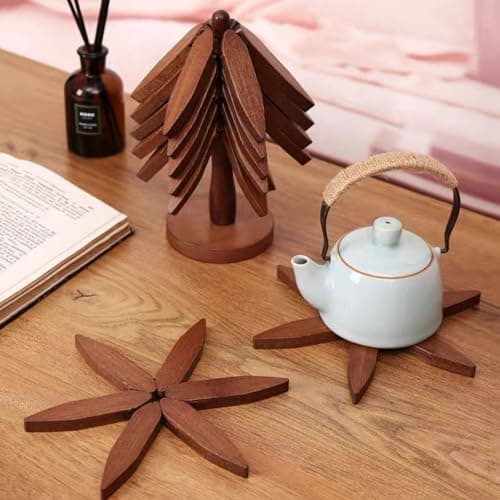 Wooden Trivets for Hot Dishes, Tree Shape Trivet Set, 4 Wooden Trivets + 1 Stand, for Hot Dishes, Pot, Bowl, Teapot, Hot Pot Holders(Walnut Wood) - Thumbnail 5
