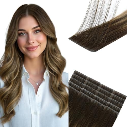 Sunny Hair Invisible Injected Tape in Hair Extensions Human Hair #4/4/27 Dark Brown Balayage Caramel Blonde 50g 20inch Seamless Tape in Extensions Glossy Injection Tape ins Hair Easy to Install 20Pcs - Image 1