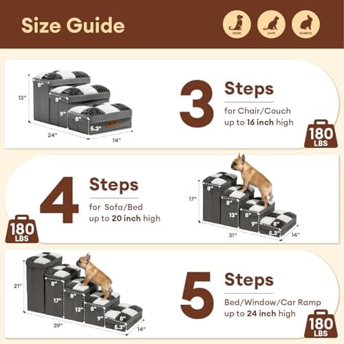 Dog Stairs with Storage, 5-Step Chessboard Plaid Handcrafted Dog Steps for Small Medium Dogs Cats, Folding Sturdy Pet Stairs Climbing Bed or Sofa, Grey - Thumbnail 6