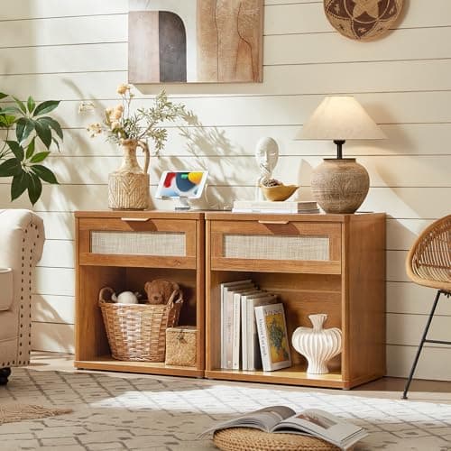 LEYAOYAO Rattan Nightstand with Charging Station, 23" Wide Boho Night Stand with Drawer, Natural Wood Bedside Table Open Storage Cabinet, Bed Side End Tables Dresser for Bedroom, Living Room, Hallway - Thumbnail 3
