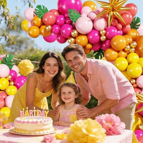 Tropical Balloon Arch Kit 140Pcs Pink and Orange Balloon Arch Kit Include Hot Pink Orange Yellow Pink Gold with Foil Star Balloons for Hawaiian Luau Aloha Theme Baby Shower Birthday Party Decorations - Thumbnail 6