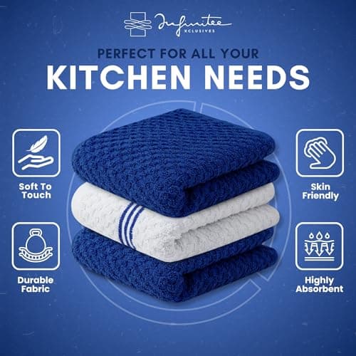 Infinitee Xclusives Premium Kitchen Towels – Pack of 3, 100% Cotton |15 x 25| Inches Absorbent Dish Towels - Terry Kitchen Dishcloth Towels - Blue Dish Cloth for Household Cleaning - Thumbnail 5