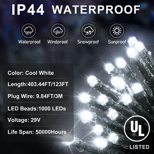 KNONEW 403FT 1000 LED Christmas Lights Outdoor String Light 8 Modes & Timer Fairy Lighting Plug in Waterproof for Xmas Yard Tree Wedding Party Holiday Decorations (Cool White) - Thumbnail 3