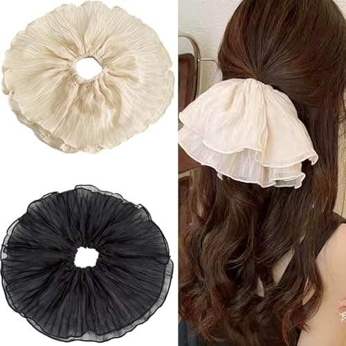 Jseng 2PCS Extra Large Scrunchies for Hair, Korea Lace Hair Ties, Beige and Black - Image 1