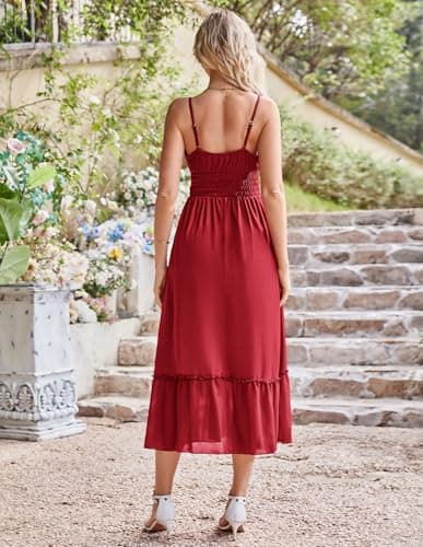 GRACE KARIN Women's Summer Maxi Dress 2026,Smocked Ruched Bust Sundress with Adjustable Straps & Pockets Red XXL - Thumbnail 5