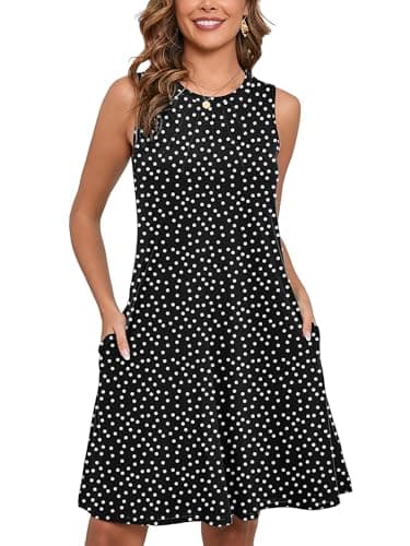 Heymoments Women Summer Dress Polkadots Black X-Large Sleeveless Crew Neck Casual Cute Loose Fitting Tank Sundress Comfy Swing Midi Flowy A-line Trendy Beach Vacation Teacher Dresses with Pockets - Image 1