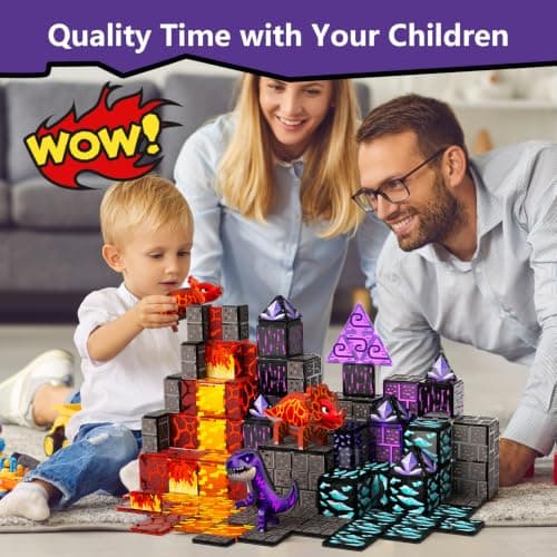 GobiDex Dinosaur Toys Magnetic Tiles Lava Cave Dinosaur World Set - Magnetic Building Blocks for Kids 3-5 5-7 Girls Boys Toys Age 4-6 6-8, STEM Sensory Toddler Birthday Gifts for 3+ Year Old Kids Toy - Thumbnail 5