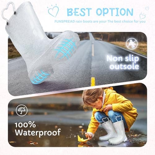 Funspread Girls Rain Boots - Glitter Light Up Kids Rain Boots with Easy-On Handles, Size 2 - Thumbnail 4
