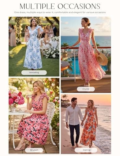 GRACE KARIN 2025 Women's Summer Floral Print Dress Sleeveless Casual Flowy Sundress A Line Ruffle Wedding Guest Outfit Blue Yellow Floral 2XL - Thumbnail 3
