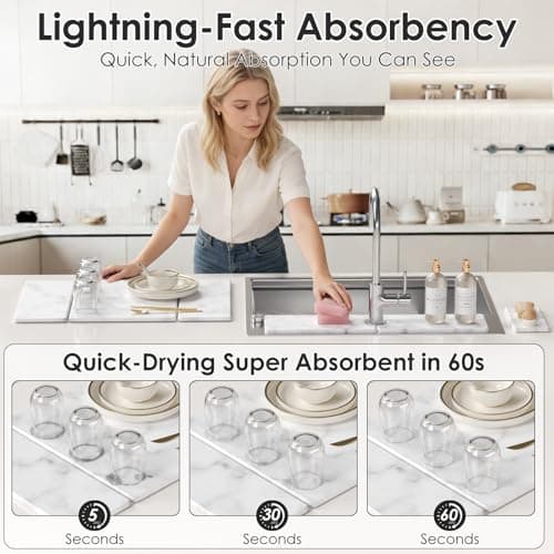 3-Piece Stone Dish Drying Mat Set for Kitchen Counter -24"x16" Large Absorbent Diatomaceous Earth Mat for Kitchen Counter, Stone Faucet Drip Catcher & Soap Tray- Quick Dry, Non-Slip - Thumbnail 2