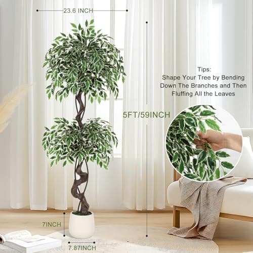 GarveeHome Artificial Ficus Tree for Home Decor Indoor,5 ft Faux Floor Tree White Imitation Ceramic Planter, Indoor Outdoor Lifelike Fake Ficus Tree with Pebbles & Green Fake Moss for Office - Thumbnail 2