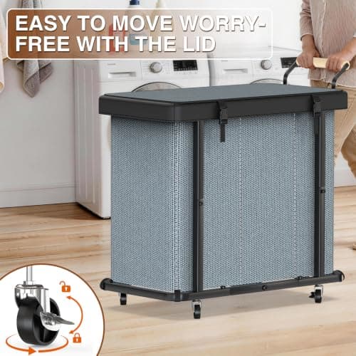 60 Gal (230L) Laundry Hamper 3 Section with Lid, Leather Patchwork Laundry Sorter with Rolling Lockable Wheels and Handle, Laundry Basket Organizer for Laundry Room, Bedroom and Bathroom - Gray - Thumbnail 3