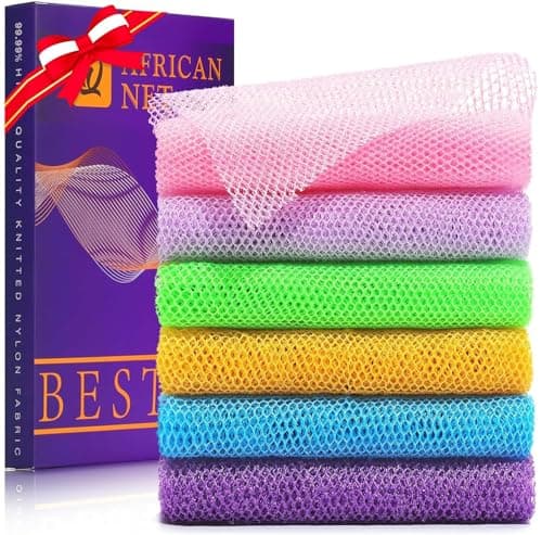 UJFQBH 6 Pieces African Bath Sponge African Net Long Net Bath Sponge Exfoliating Shower Body Scrubber Back Scrubber Skin Smoother,Great for Daily Use (Purple, Purple, Pink, Orange, Blue, Green) - Image 1