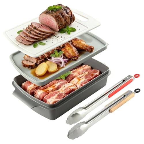 Sunmei Grill Prep and Serving Trays, 3-in-1 Stackable BBQ Food Tray, 5PCS BBQ Serving Set with Marinating Container, Serving Platter, Cutting Board and 2PCS Colored 12-Inch Grill Tongs (Gray) - Image 1